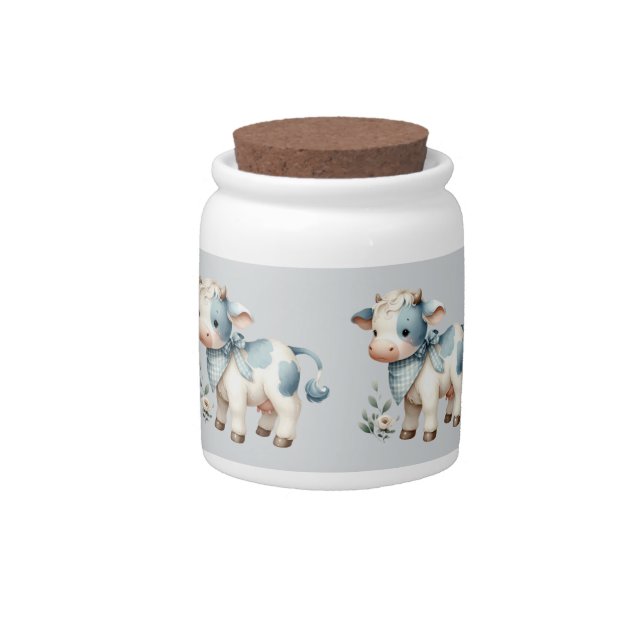 Blue Gingham Baby Cow Pastel Farm Aesthetic Candy Jar (Front)
