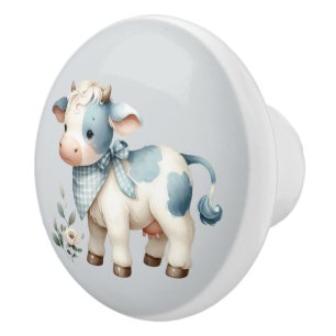 Blue Gingham Baby Cow Pastel Farm Aesthetic Ceramic Knob