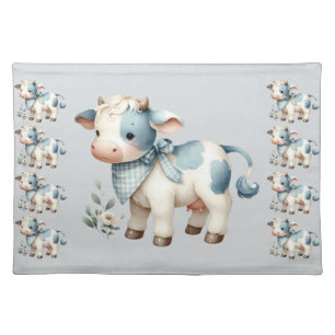 Blue Gingham Baby Cow Pastel Farm Aesthetic Cloth Placemat