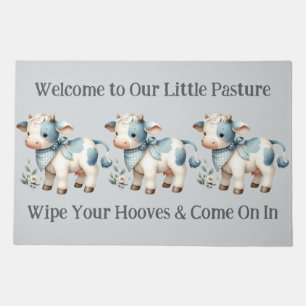Blue Gingham Baby Cow Pastel Farm Aesthetic Doormat