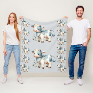 Blue Gingham Baby Cow Pastel Farm Aesthetic Fleece Blanket