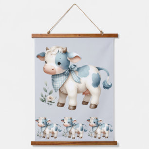 Blue Gingham Baby Cow Pastel Farm Aesthetic Hanging Tapestry