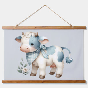 Blue Gingham Baby Cow Pastel Farm Aesthetic Hanging Tapestry