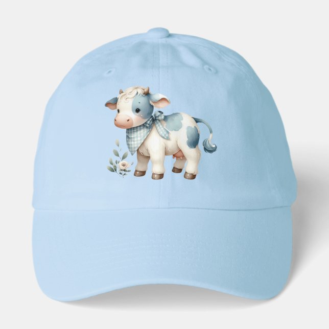 Blue Gingham Baby Cow Pastel Farm Aesthetic Hat (Front)