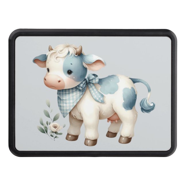 Blue Gingham Baby Cow Pastel Farm Aesthetic Hitch Cover (Front)