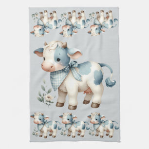 Blue Gingham Baby Cow Pastel Farm Aesthetic Kitchen Towel