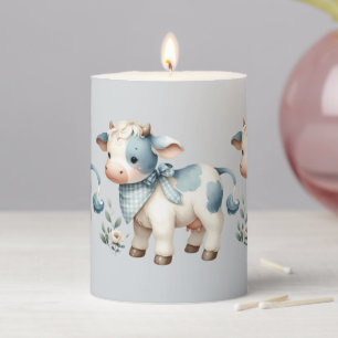 Blue Gingham Baby Cow Pastel Farm Aesthetic Pillar Candle