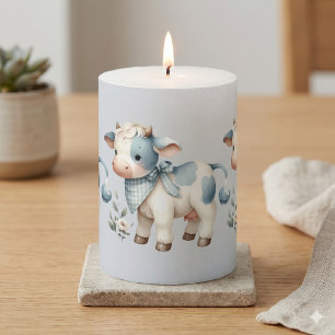 Blue Gingham Baby Cow Pastel Farm Aesthetic Pillar Candle