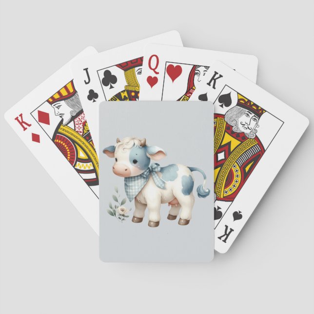 Blue Gingham Baby Cow Pastel Farm Aesthetic Poker Cards (Back)