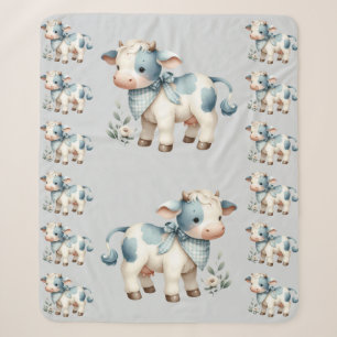 Blue Gingham Baby Cow Pastel Farm Aesthetic Sherpa Blanket