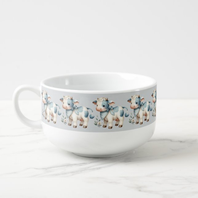 Blue Gingham Baby Cow Pastel Farm Aesthetic Soup Mug (Right)