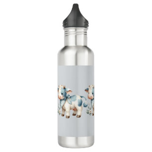 Blue Gingham Baby Cow Pastel Farm Aesthetic Stainless Steel Water Bottle