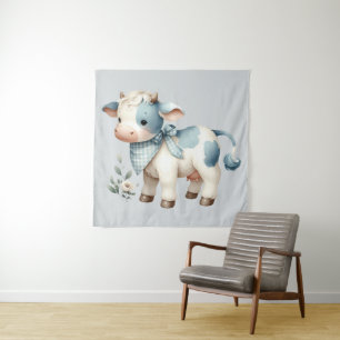 Blue Gingham Baby Cow Pastel Farm Aesthetic Tapestry