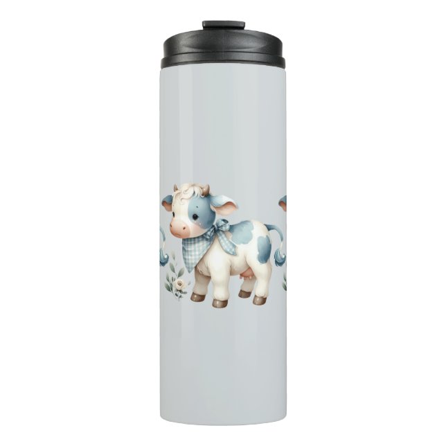 Blue Gingham Baby Cow Pastel Farm Aesthetic Thermal Tumbler (Front)