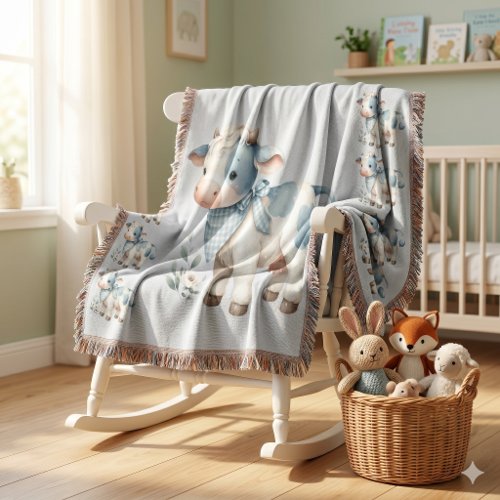 Blue Gingham Baby Cow Pastel Farm Aesthetic Throw Blanket