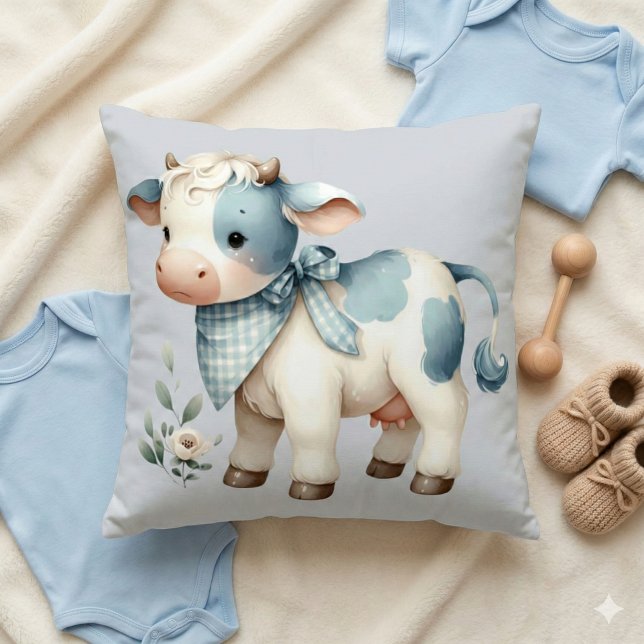 Blue Gingham Baby Cow Pastel Farm Aesthetic Throw Pillow (Blue Gingham Baby Cow Pastel Farm Aesthetic Throw Pillow Mockup A)