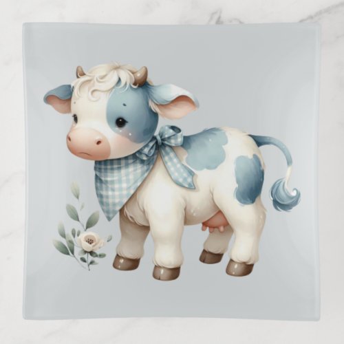 Blue Gingham Baby Cow Pastel Farm Aesthetic Trinket Tray