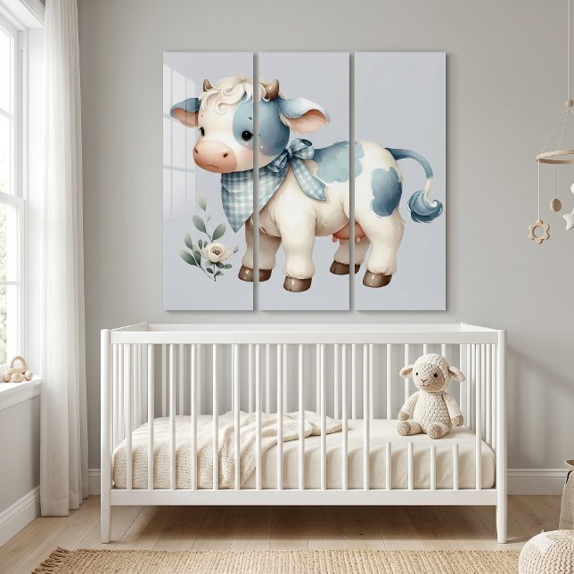 Blue Gingham Baby Cow Pastel Farm Aesthetic Triptych (Blue Gingham Baby Cow Pastel Farm Aesthetic Triptych)
