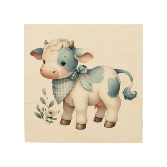 Blue Gingham Baby Cow Pastel Farm Aesthetic Wood Wall Art (Front)