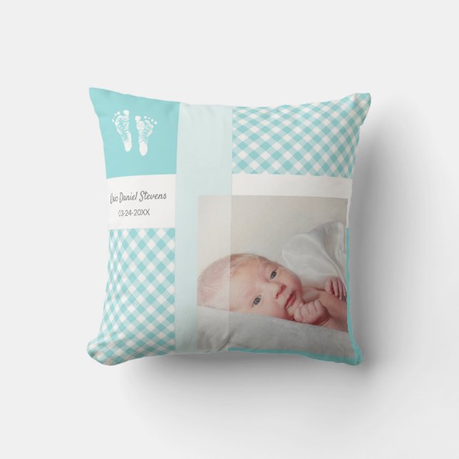Blue Gingham Baby Footprints Birth Photo Throw Pillow (Front)