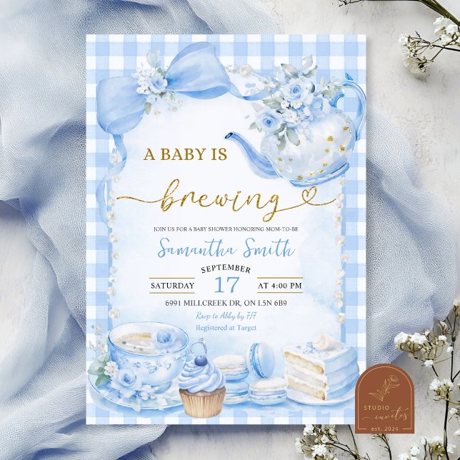 Blue Gingham Baby is Brewing Baby Shower Invitation (Creator Uploaded)