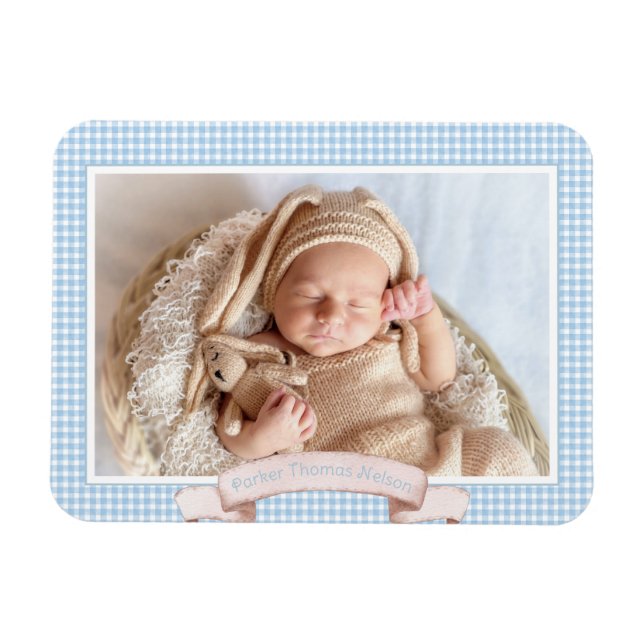 Blue Gingham Baby Photo Magnet (Horizontal)