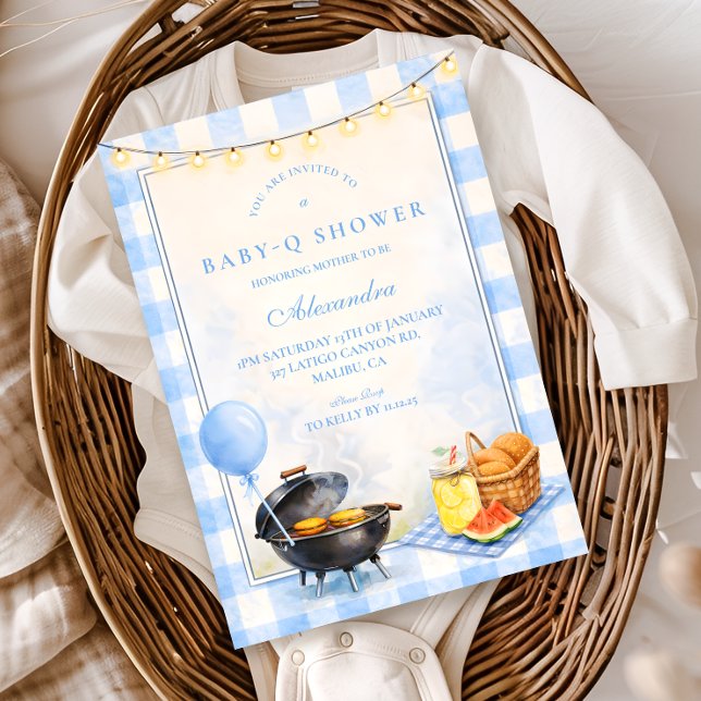 Blue Gingham Baby Q Baby Shower Invitation (Creator Uploaded)