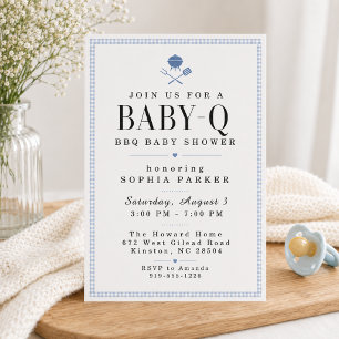 Blue Gingham Baby-Q BBQ Baby Shower Invitation