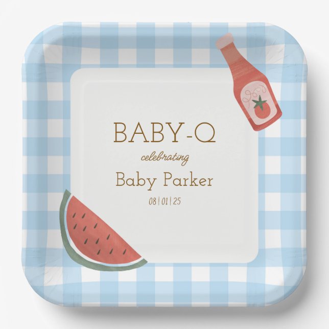 Blue Gingham Baby-Q Square Plate (Front)