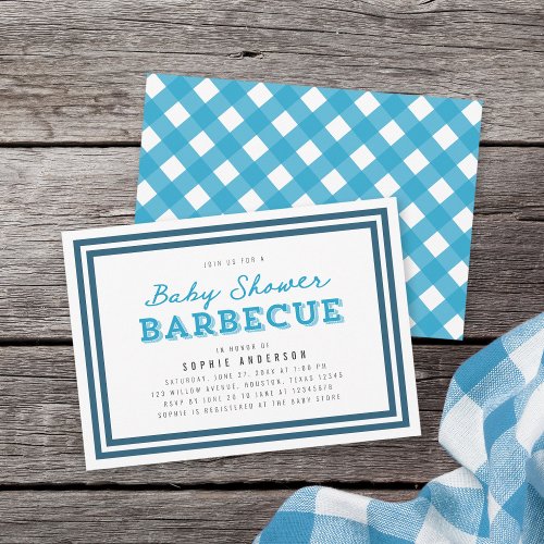 Blue Gingham Baby Shower Barbecue Invitation