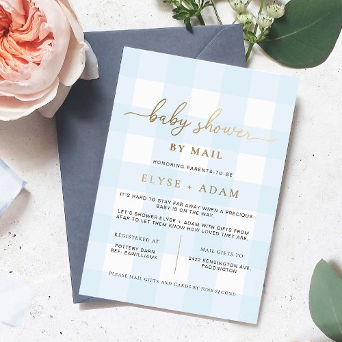 Blue Gingham Baby Shower By Mail Foil Invitation