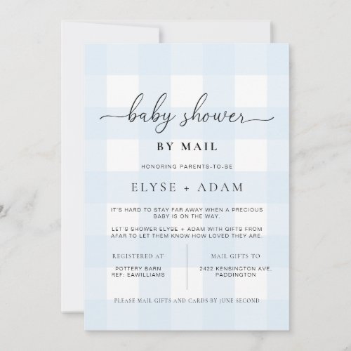 Blue Gingham Baby Shower By Mail Invitation