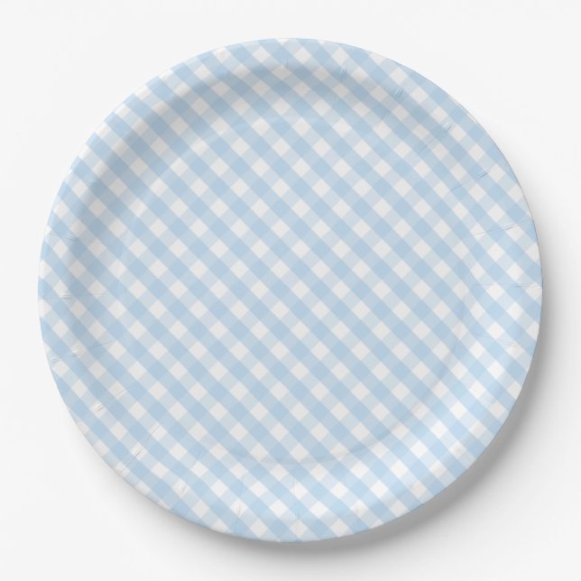 Blue gingham baby shower decorations paper plates (Front)