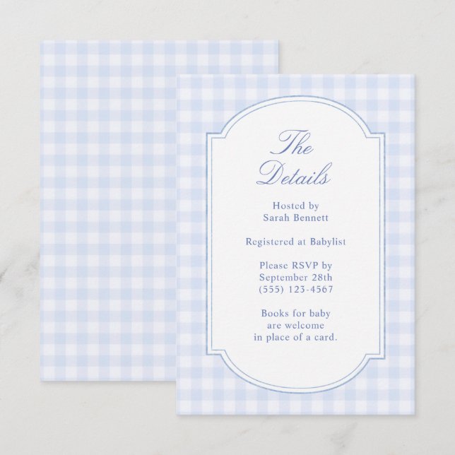 Blue Gingham Baby Shower Details Enclosure Card (Front/Back)