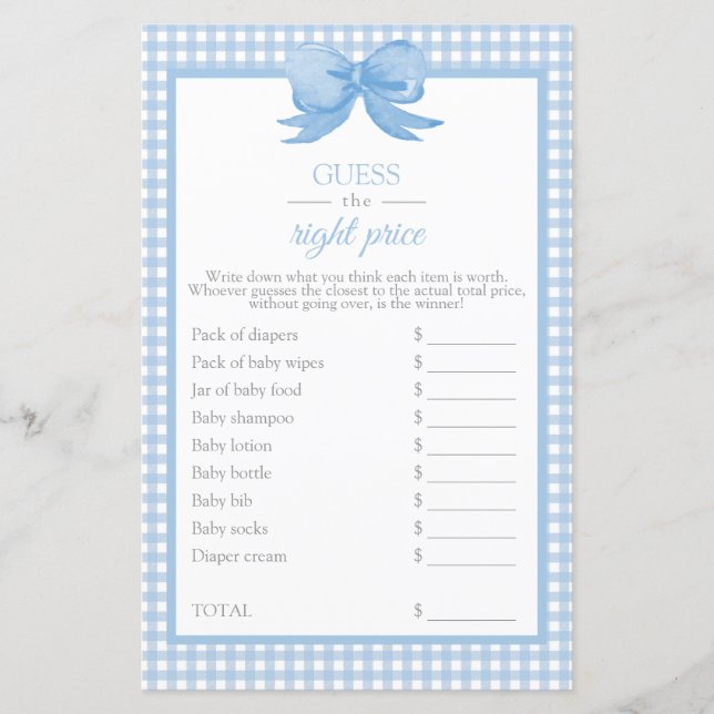 Blue Gingham Baby Shower Guess the Price Game (Front)