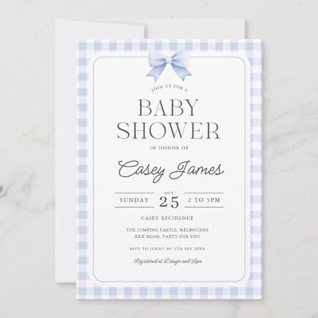 Blue Gingham Baby Shower Invitation (Front)