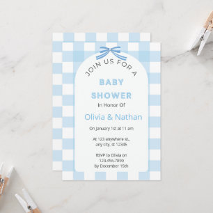 Blue Gingham Baby Shower Invitation, Blue Baby Boy Invitation