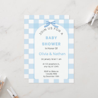 Blue Gingham Baby Shower Invitation, Blue Baby Boy Invitation