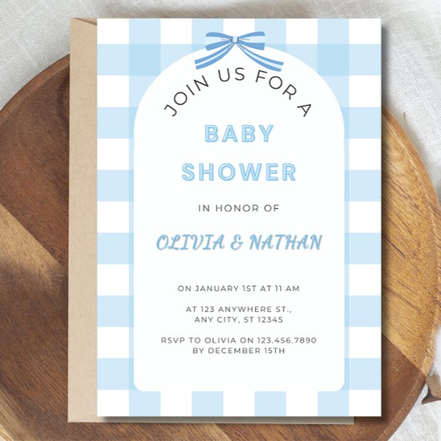 Blue Gingham Baby Shower Invitation, Blue Baby Boy Invitation (Creator Uploaded)