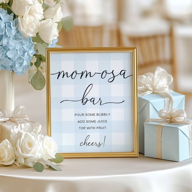 Blue Gingham Baby Shower Mom-osa Bar Sign (Creator Uploaded)