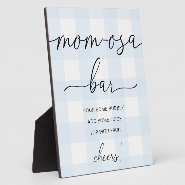 Blue Gingham Baby Shower Mom-osa Bar Sign Plaque (Side)