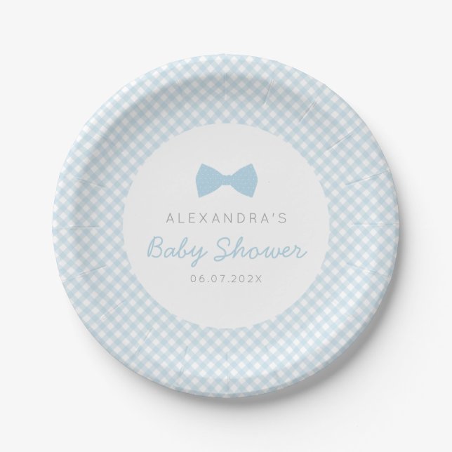 Blue gingham baby shower paper plates (Front)