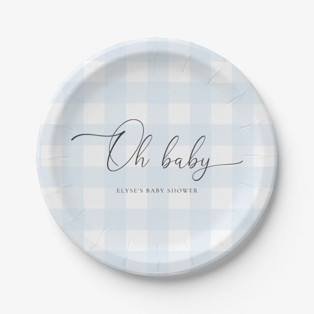 Blue Gingham Baby Shower Paper Plates (Front)