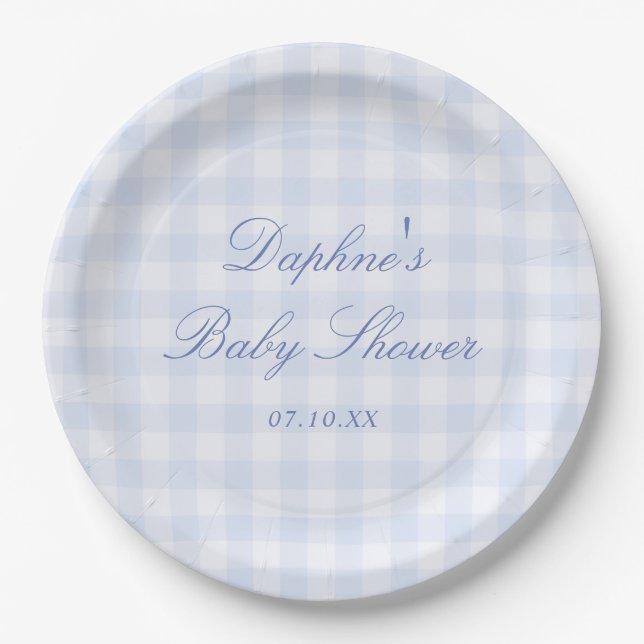 Blue Gingham Baby Shower Paper Plates (Front)