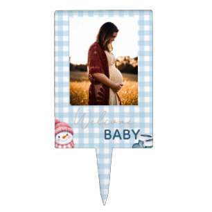 Blue Gingham Baby Shower Photo Cake Topper
