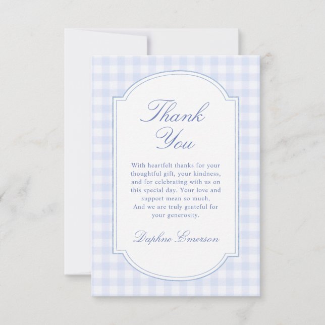 Blue Gingham Baby Shower Thank You Card (Front)