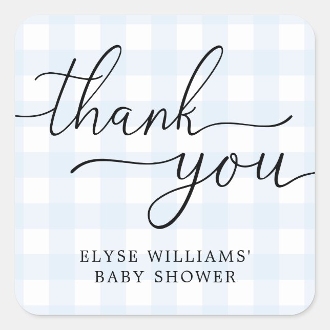 Blue Gingham Baby Shower Thank You Favor Sticker (Front)