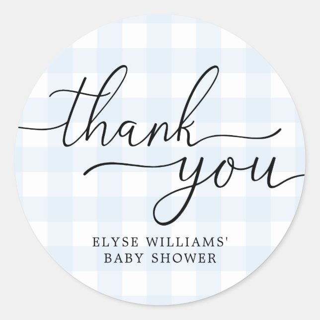 Blue Gingham Baby Shower Thank You Favor Sticker (Front)