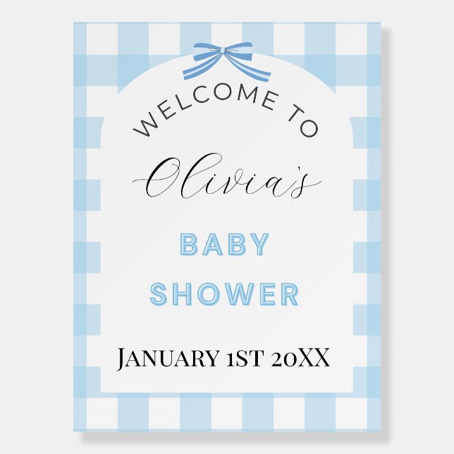Blue Gingham Baby Shower Welcome Sign  (Front)