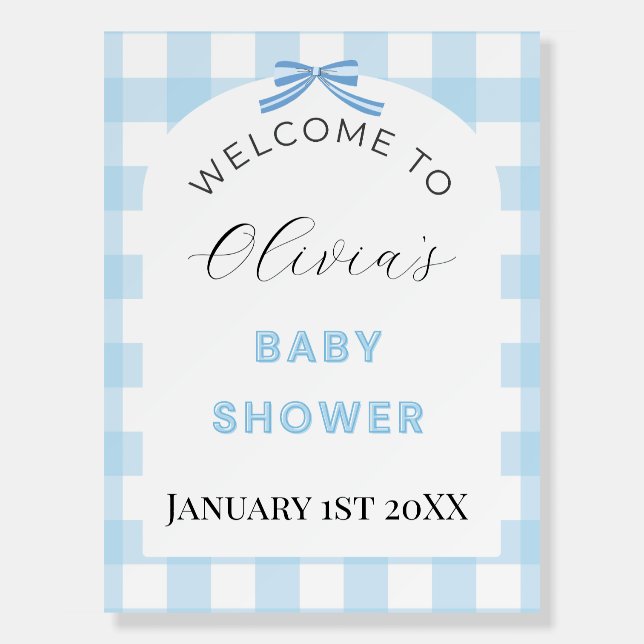 Blue Gingham Baby Shower Welcome Sign  (Front)